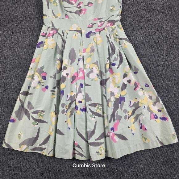 H&M Dress Womens 12 Green Floral Fit & Flare Pleated Lined Sleeveless Back Zip - Picture 3 of 11